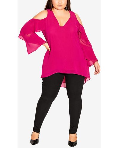 City Chic Trendy Plus Size High Low Cold Shoulder Top - Pink