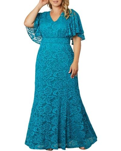 Kiyonna Plus Size Duchess Lace Evening Gown - Blue