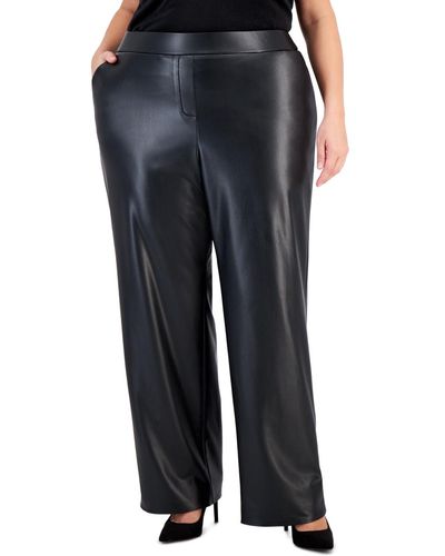 Anne Klein Plus Size Faux-leather Slash-pocket Pants - Black