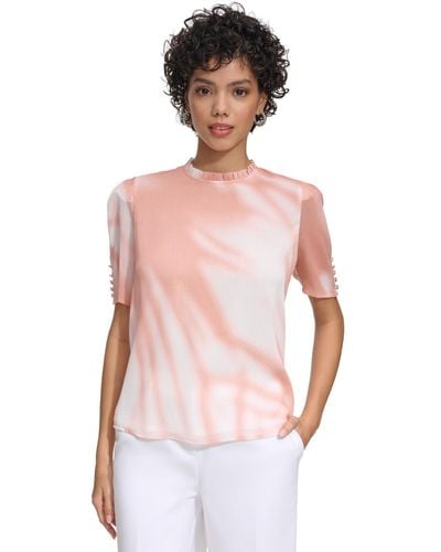 Calvin Klein Pleated Collar Puff-sleeve Top - Pink