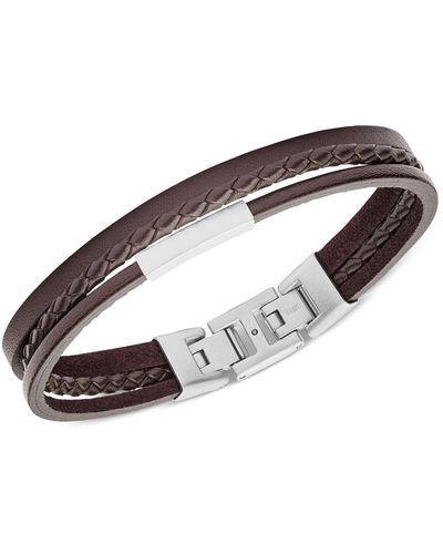 Fossil Multi-strand -tone Steel And Brown Leather Bracelet - White