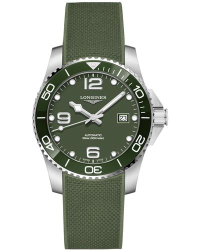 Longines Swiss Automatic Hydroconquest Green Rubber Strap Watch 41mm
