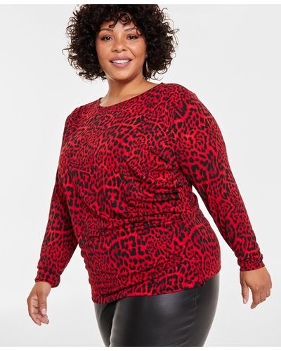 INC International Concepts Inc Plus Size Printed Long-sleeve Drape-front Top - Red