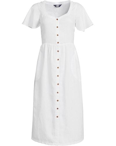 Lands' End Petite Linen Sweetheart Button Front Midi Dress - White