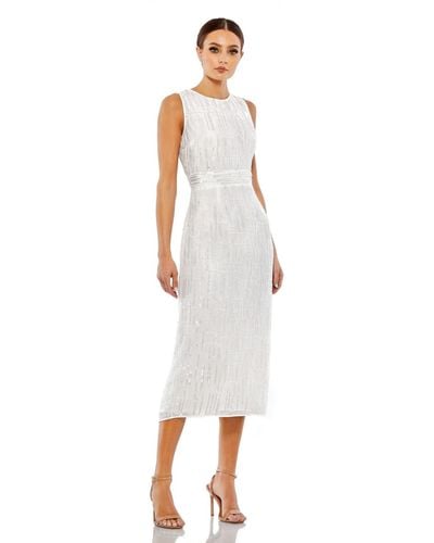 Mac Duggal Abstract Beaded Sleeveless Midi Dress - White