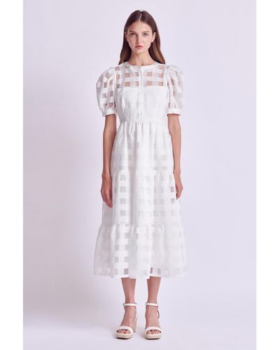 English Factory Check Puff Sleeve Midi Dress - White