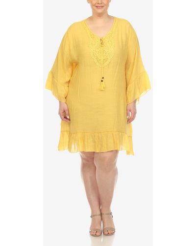 White Mark Plus Size Sheer Embroidered Knee Length Cover Up Dress - Yellow