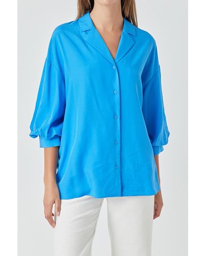 Endless Rose Blouson Sleeve Collared Shirt - Blue