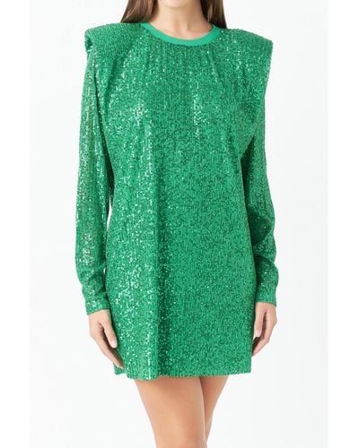 Endless Rose Sequins Long Sleeve Shift Mini Dress - Green