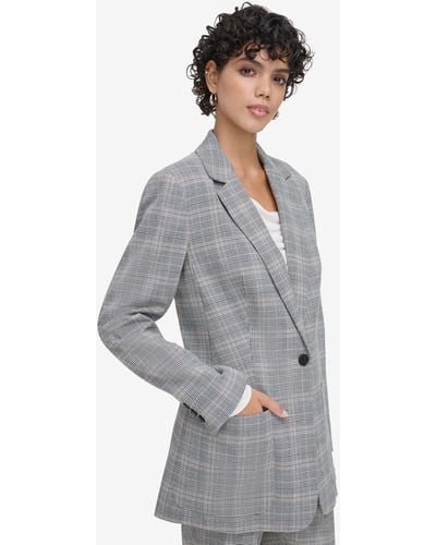 Calvin Klein Petite Plaid Patch Pocket One-button Blazer - Gray