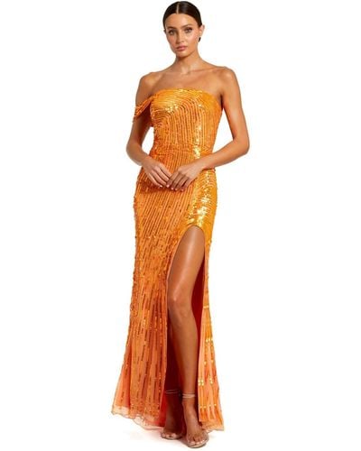Mac Duggal One Shoulder Mesh Sequin Gown With Slit - Orange