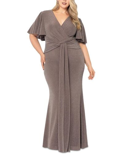 Betsy & Adam Plus Size V-neck Twist-front Glitter Gown - Brown