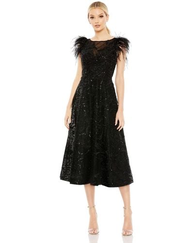Mac Duggal 20400 A-line Sequined Tea Length Dress - Black