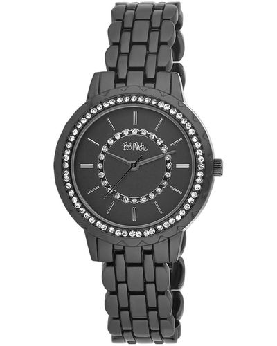 Bob Mackie Crystal Dial Scallop Bezel Base Metal Bracelet Watch 36mm - Black