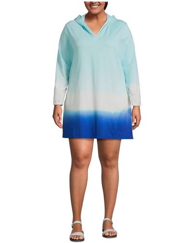 Lands' End Plus Size Cotton Jersey Long Sleeve Hooded Swim Cover-up Dress - Blue