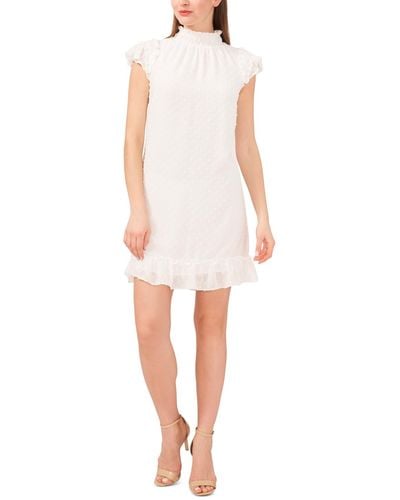 Cece Mock Neck Flutter-sleeve Clip-dot Dress - White