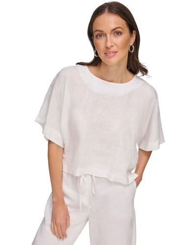 DKNY Linen Drop Shoulder Short Sleeve Top - White