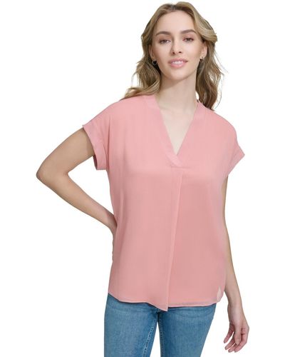 Calvin Klein Mixed Media Cap-sleeve V-neck Top - Pink