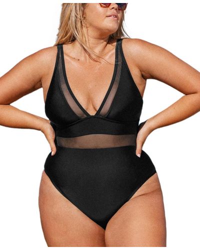 CUPSHE Plus Size One Piece Swimsuit V Neck Mesh Sheer Bathing Suit - Black