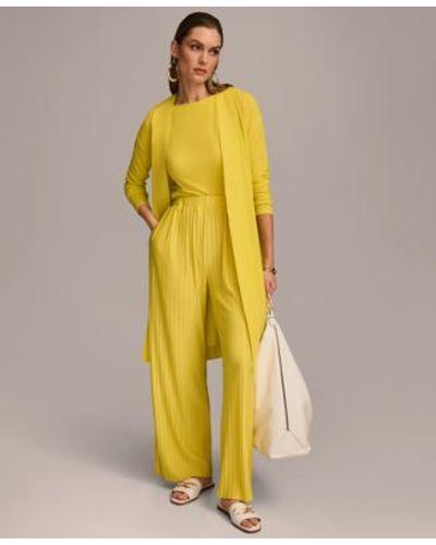 Donna Karan Tie Front Long Cardigan Pleated Pull On Pant - Yellow