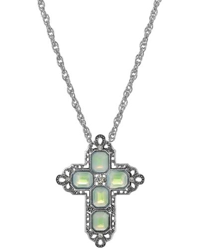 2028 Pewter Rectangle Ab Crystal Cross Chain Necklace - Blue