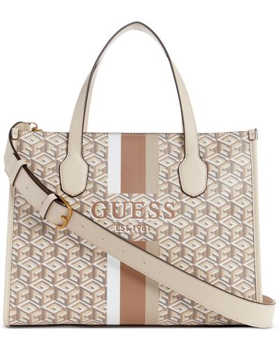 Guess Silvana Small Monogram Double Compartment Tote - Natural