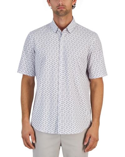 Alfani Alfatech Geometric Print Stretch Button-up Short-sleeve Shirt - White
