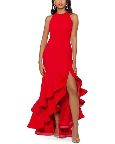 Betsy & Adam Tie Ruffles Scuba Crepe Gown - Red