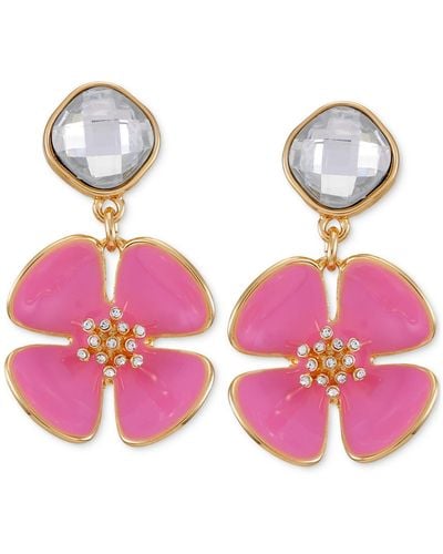 Guess Tone Crystal & Pink Flower Drop Earrings