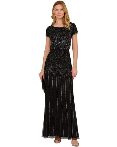 Adrianna Papell Beaded Short-sleeve Gown - Black
