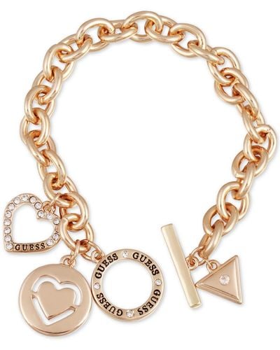 Guess Pave Heart & Logo Charm Link Bracelet - Metallic