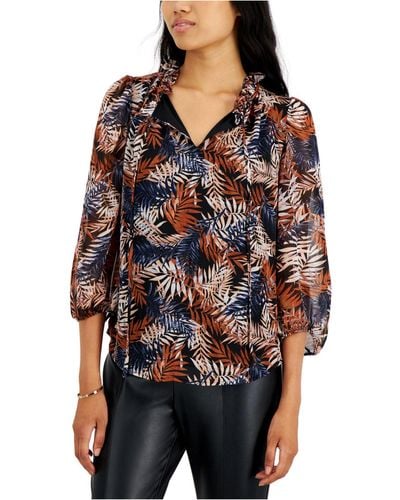 BarIII Printed Tie-neck Top, Created For Macy's - Black