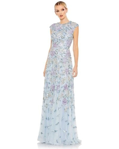 Mac Duggal Sequined High Neck Cap Sleeve A Line Gown - Blue