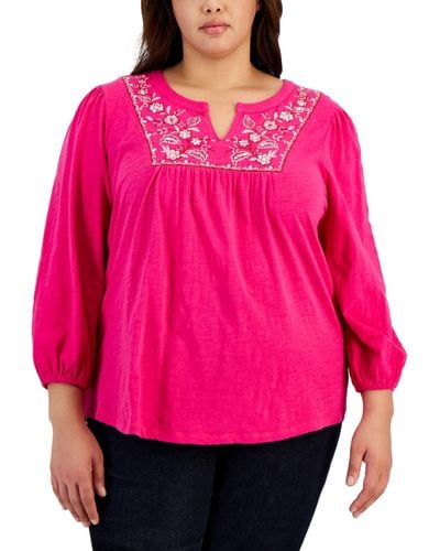 Style & Co. Embroidered Embellished Cotton Blouse - Pink