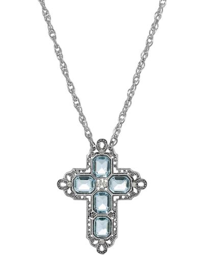 2028 Pewter Rectangle Light Crystal Cross Chain Necklace - Blue