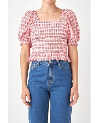 English Factory Gingham Contrast Bow Top - Blue
