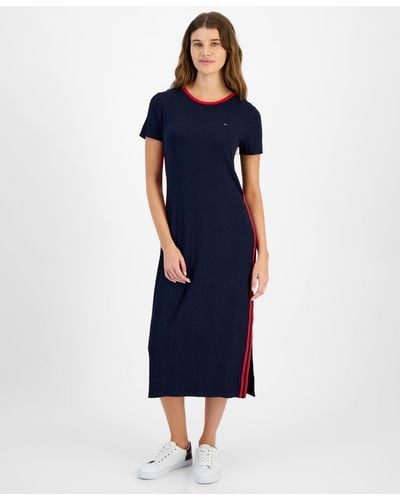 Tommy Hilfiger Contrast-stripe Ribbed Knit Midi Dress - Blue