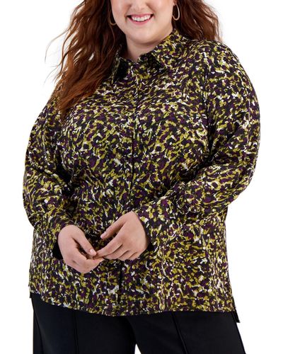 BarIII Plus Size Printed Button-front Long-sleeve Shirt - Multicolor