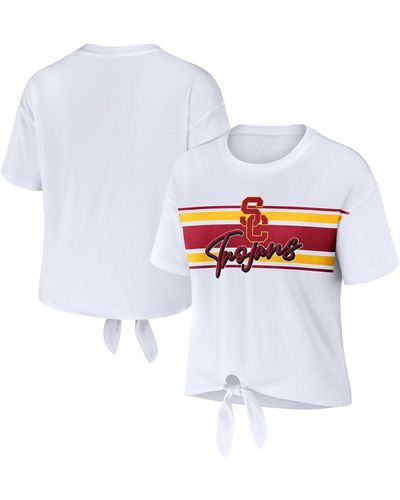 WEAR by Erin Andrews Usc Trojans Striped Front Knot Cropped T-shirt - White
