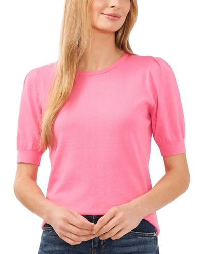 Cece Crewneck Puff Sleeve Cotton Sweater - Pink