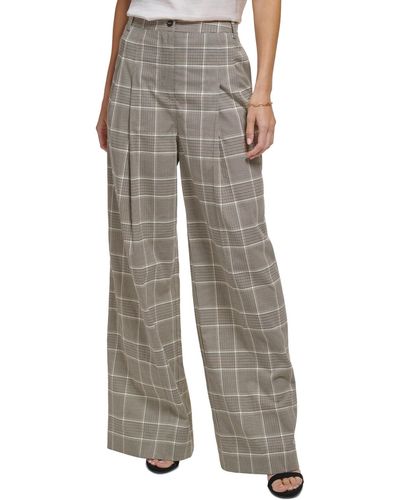 DKNY Petite Plaid-print Wide-leg Essex Pants - Gray