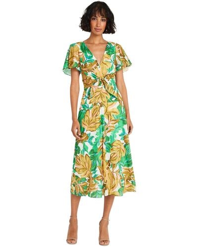 Maggy London Printed Flutter-sleeve Fit & Flare Dress - Green