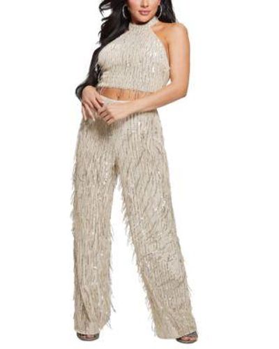Guess Mia Sequined Mock Neck Cropped Fringe Top Heidi Sequined Fringe Pants - Natural
