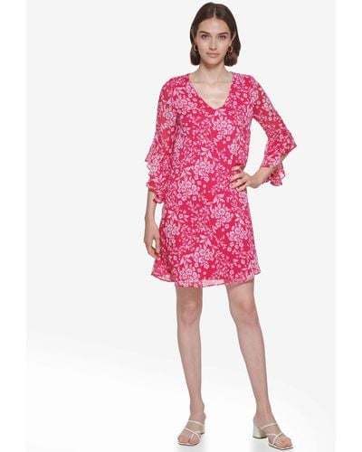 Calvin Klein Floral-print Chiffon 3/4-sleeve Dress - Pink