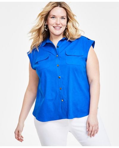 INC International Concepts Plus Size Linen-blend Sleeveless Utility Shirt - Blue