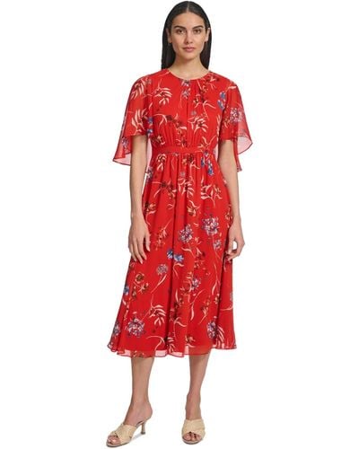 Calvin Klein Floral-print Draped-sleeve Dress - Red