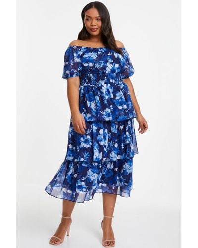 Quiz Plus Size Chiffon Floral Bardot Tiered Midi Dress - Blue