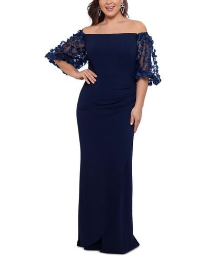 Xscape Plus Size Off-the-shoulder Embellished-sleeve Gown - Blue