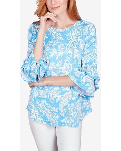 Ruby Rd. Petite Monotone Paisley Puff Print Party Top - Blue