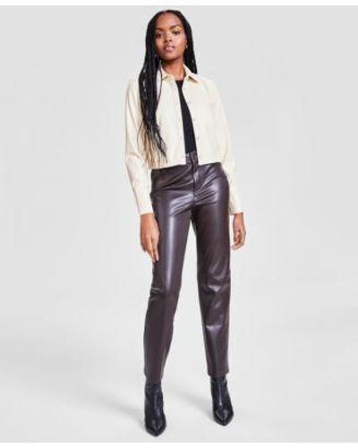 BarIII Faux Leather Jacket Long Sleeve Bodysuit Faux Leather Pants Created For Macys - White